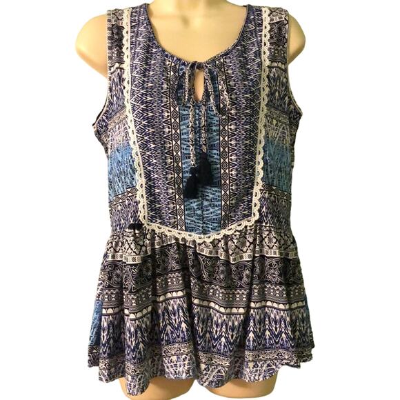 Fyve Boho Festival Print Knit Top Woman Size Medium Tassel Trim Tunic - Picture 1 of 7